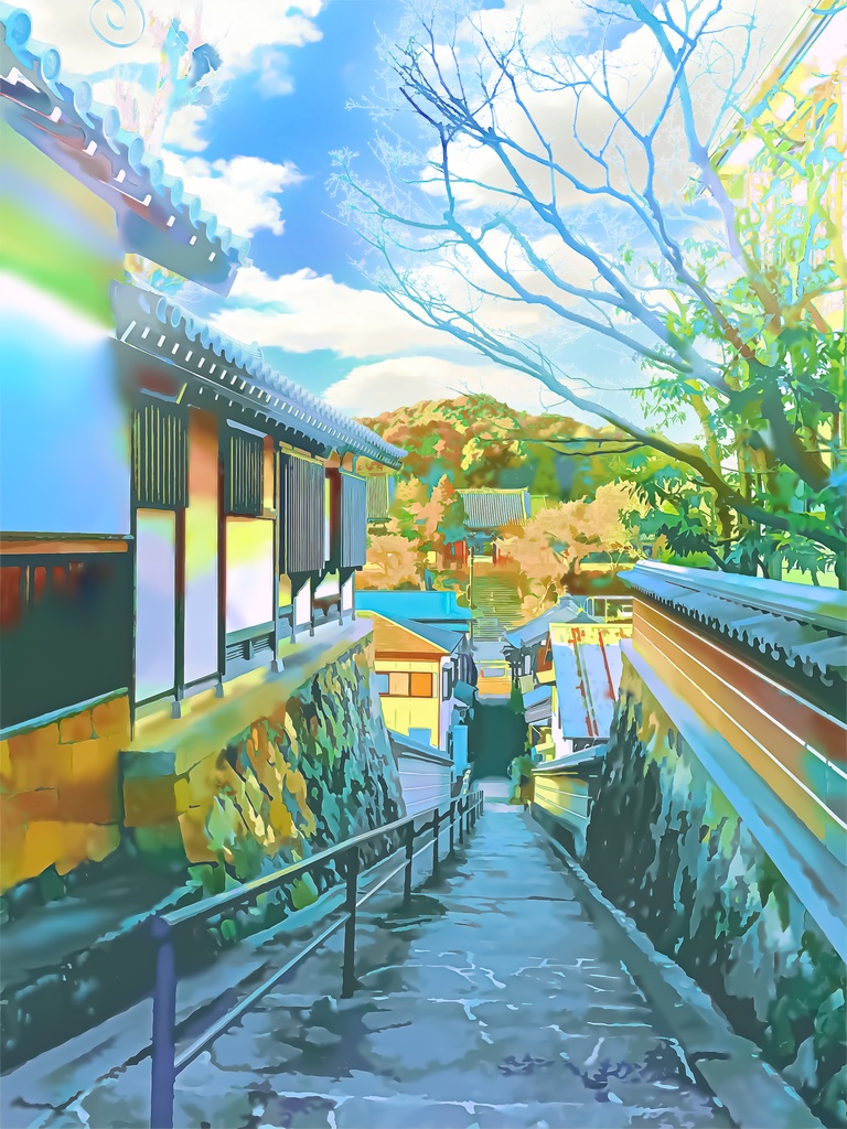 古風な日本家屋の通りと階段【背景素材_夕方差分+空くり抜きセット】