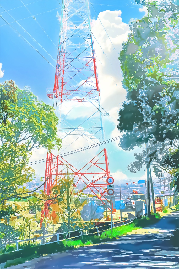 鉄塔と脇道【背景素材_夕方差分+空くり抜きセット】