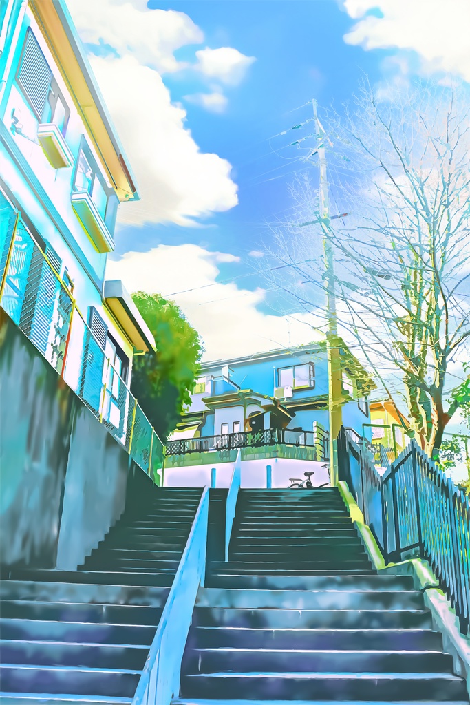  階段の町【背景素材_夕方差分+空くり抜きセット】