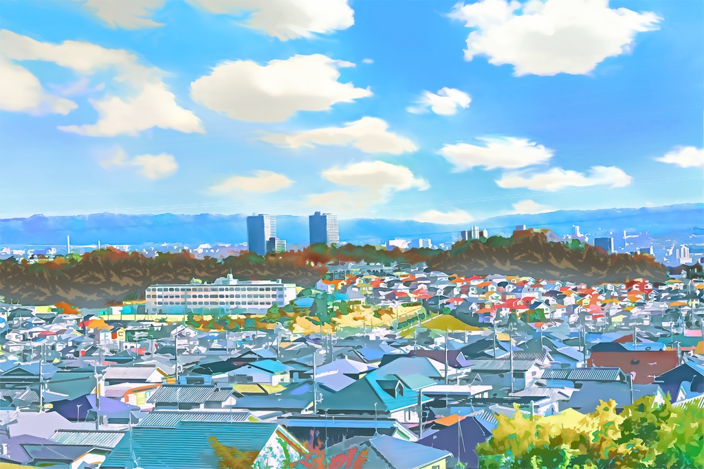  町の上空と展望【背景素材_夕方差分+空くり抜きセット】