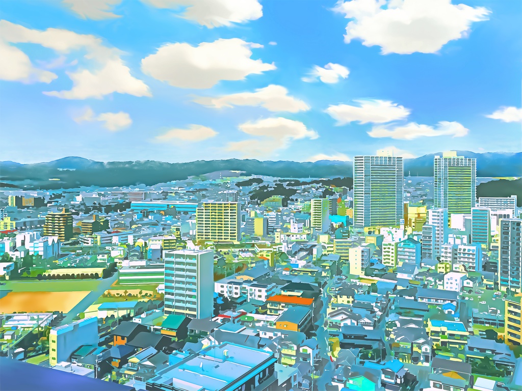  地方都市の上空【背景素材_夕方差分+空くり抜きセット】