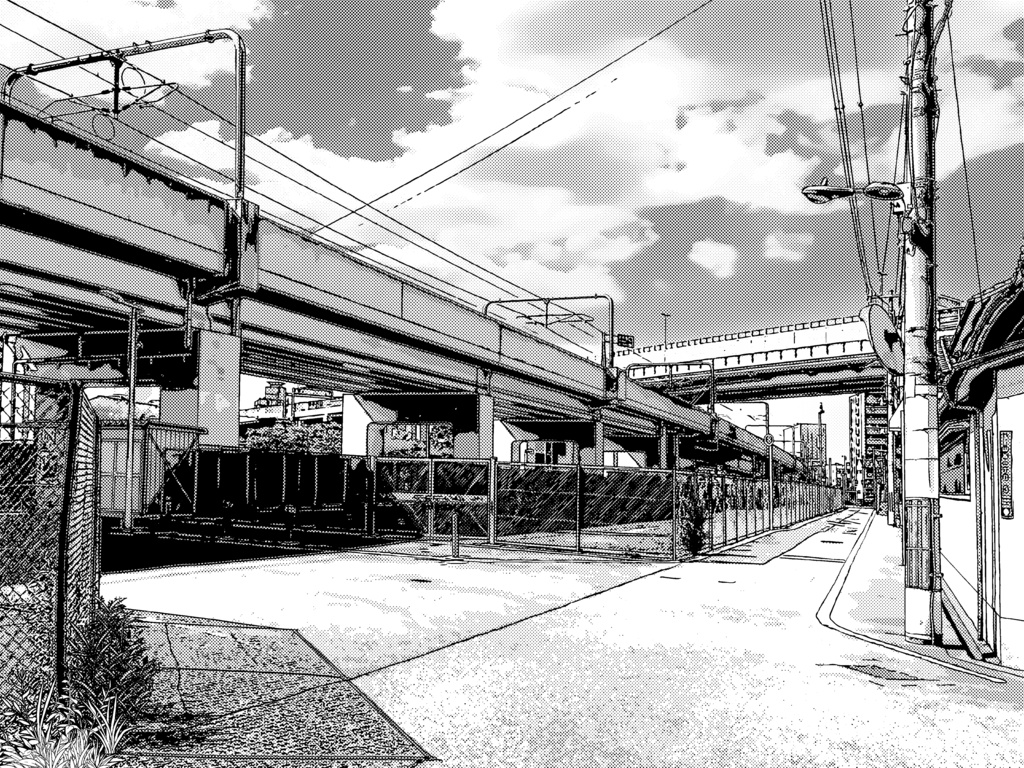 高架沿いの道/モノクロ背景【PSDファイル+トーンと線画セット】