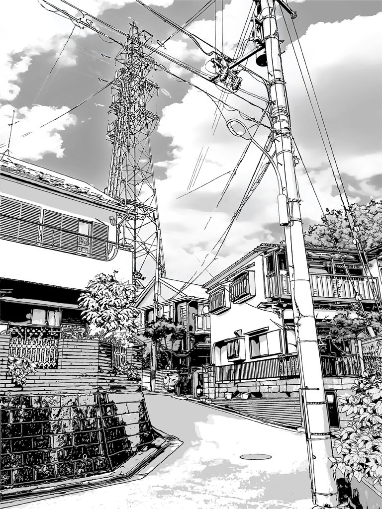 住宅街1/漫画背景【PSDファイル+トーンと線画セット】
