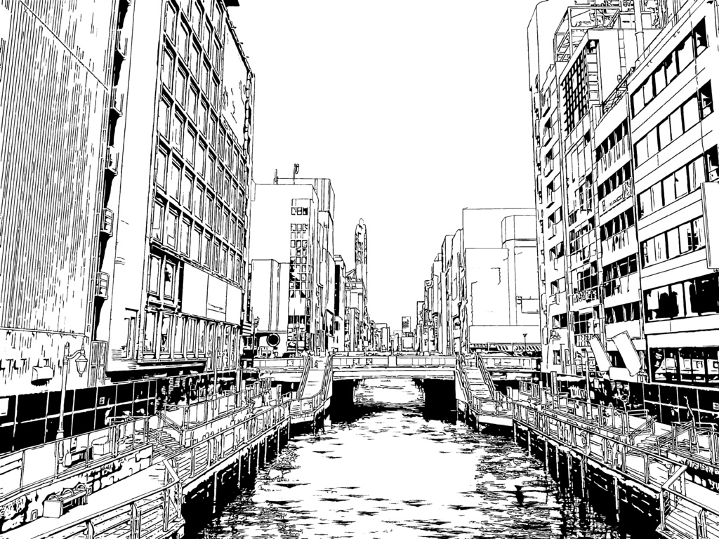 道頓堀1/漫画背景【PSDファイル+トーンと線画セット】