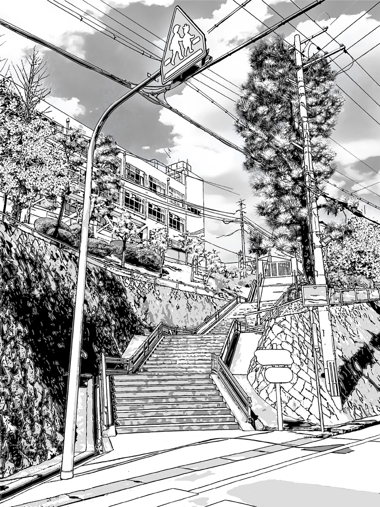 学校前階段/漫画背景【クリスタ対応PSD+トーンと線画セット】