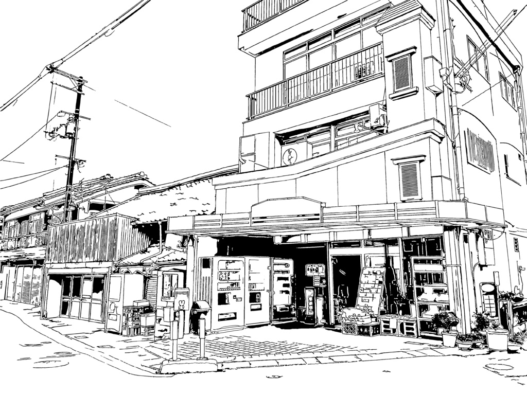 地方の商店/漫画背景【クリスタ対応PSD+トーンと線画セット】