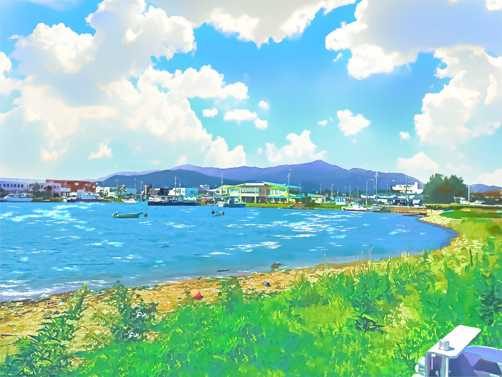 港町と港湾の眺め2【背景素材_夕方差分＋空くり抜きセット】 