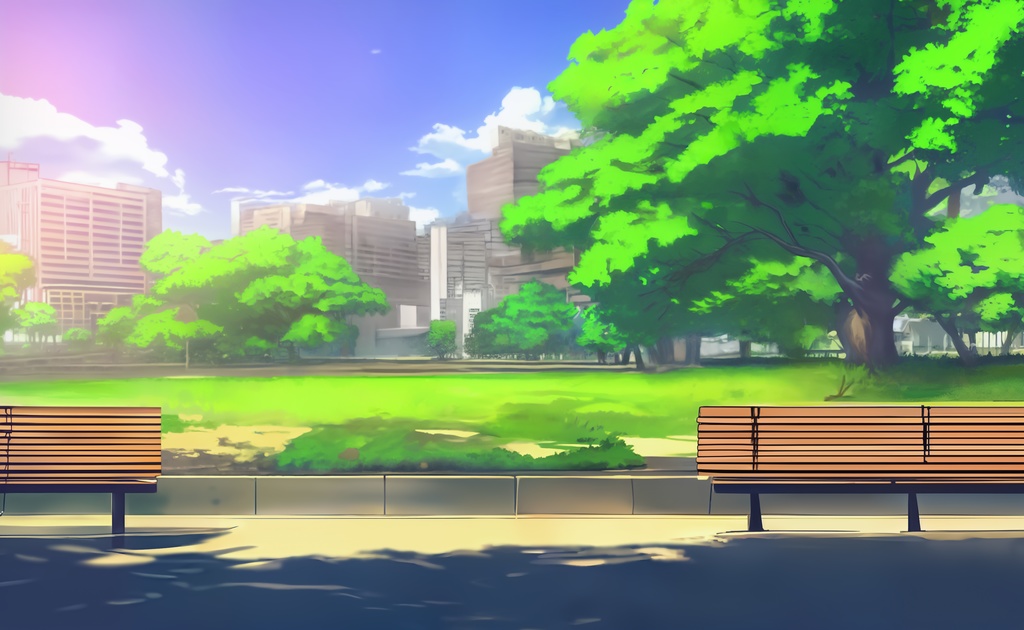 都会の公園とベンチ1 【アニメ風背景素材】