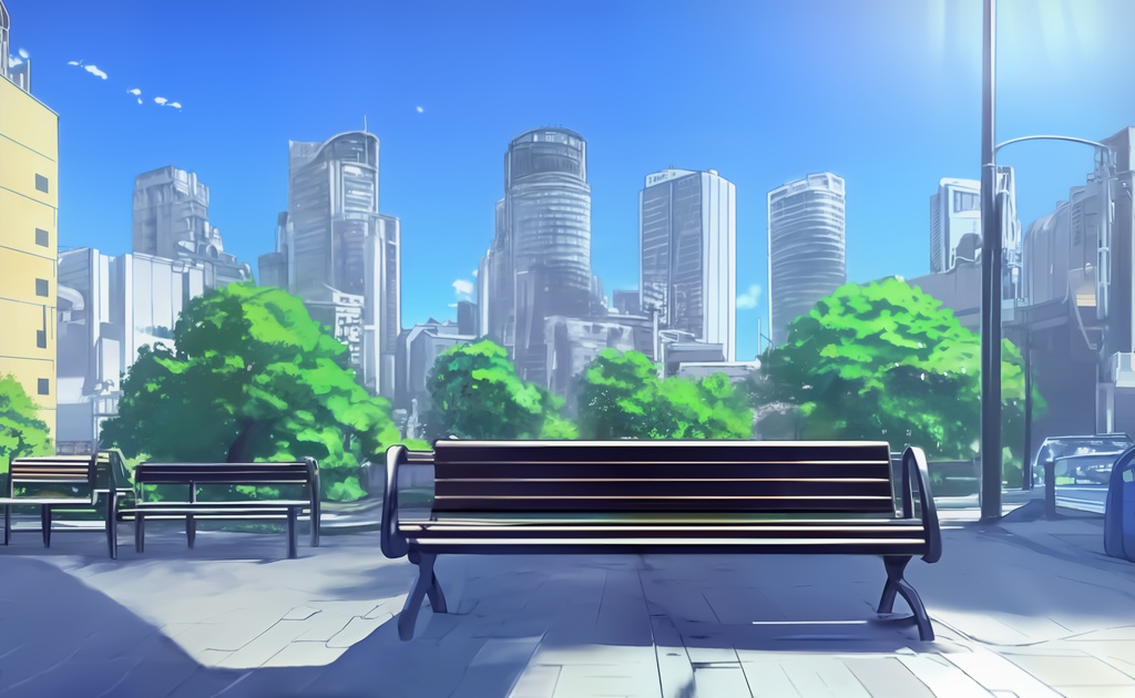 都会の広場とベンチ1【アニメ風背景素材】