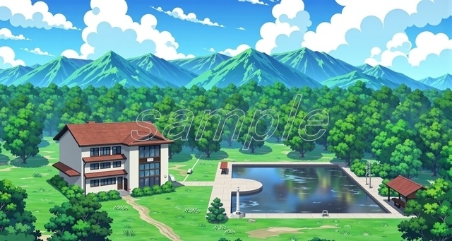 「山並みの邸宅」_(セール価格中！)【高精細背景素材】