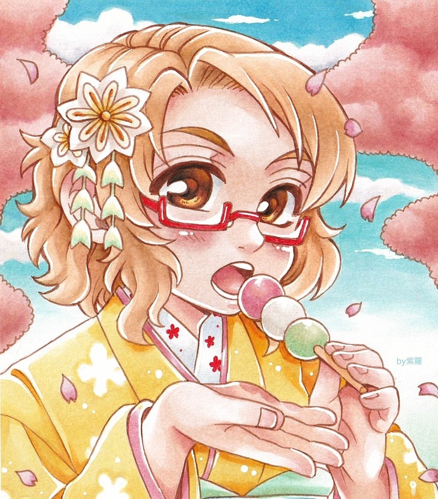 【創作】花より団子色紙【原画一点もの】