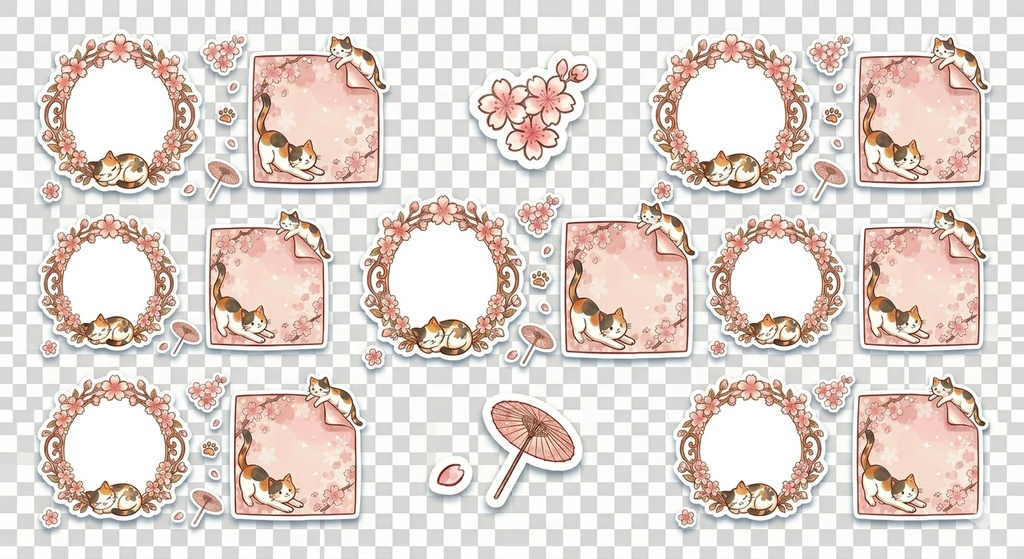 【デジタルステッカー】ふんわり春猫ステッカーシート 2枚セット(背景透過PNG)