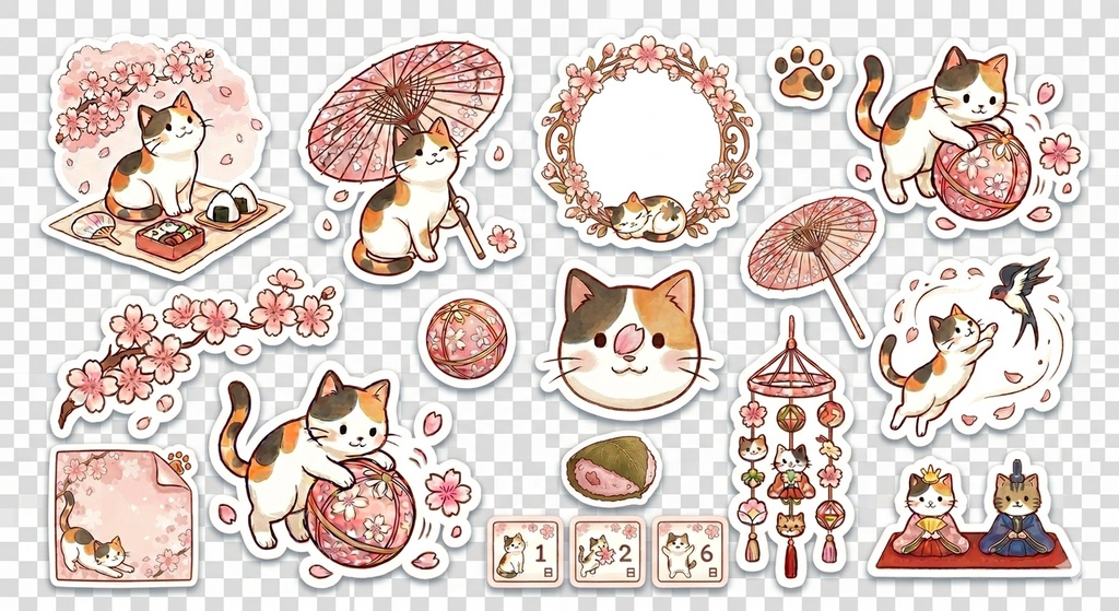 【デジタルステッカー】ふんわり春猫ステッカーシート 2枚セット（背景透過PNG）