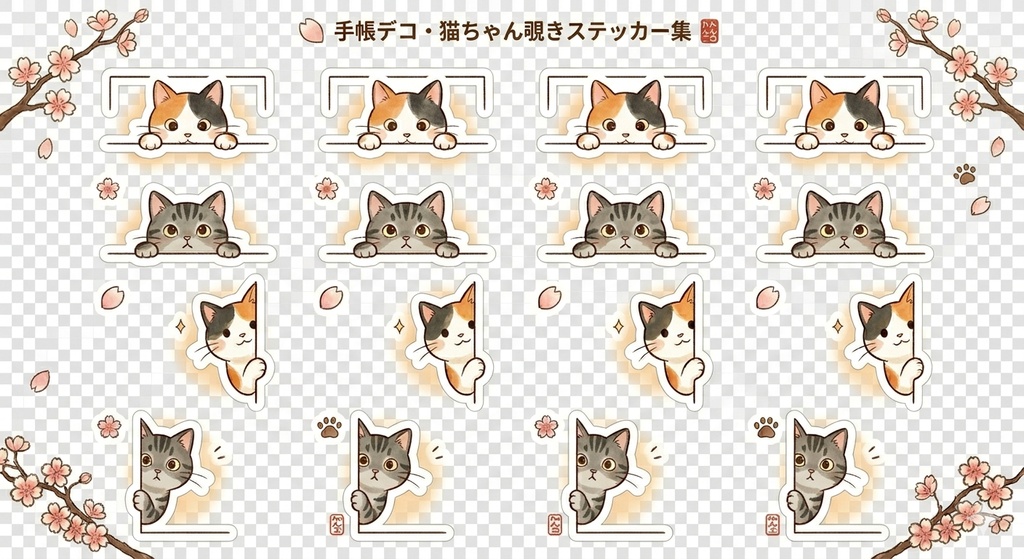 【デジタルステッカー】日常&のぞき見猫ちゃん 2枚セット(三毛猫&キジトラ)