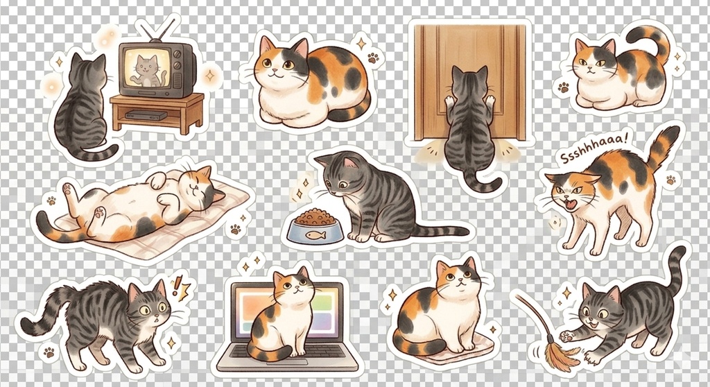 【デジタルステッカー】日常＆のぞき見猫ちゃん 2枚セット（三毛猫＆キジトラ）