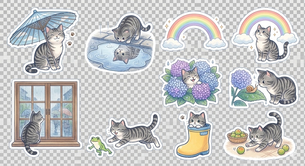 【デジタルステッカー】雨の日も楽しく♪ 梅雨×キジトラ 2枚セット（背景透過PNG）
