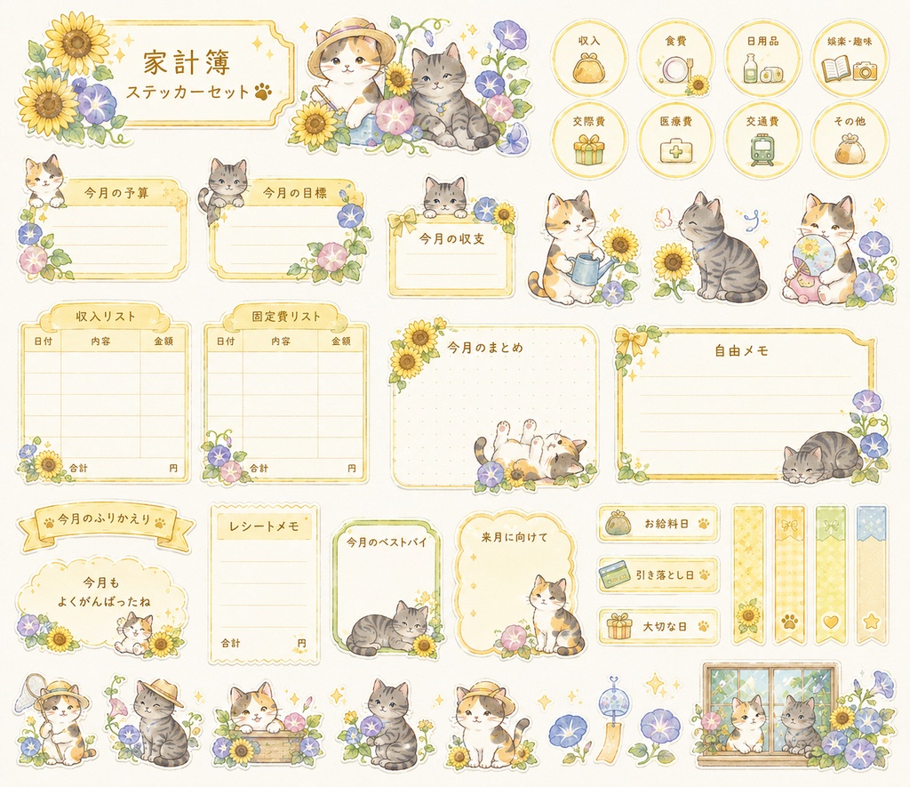 🌻猫×ひまわりと朝顔の家計簿デジタルステッカー🌻