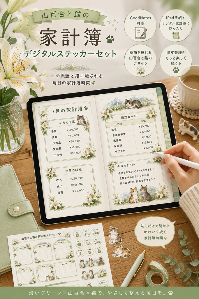 🌿 山百合と猫の家計簿デジタルステッカーセット 🐈