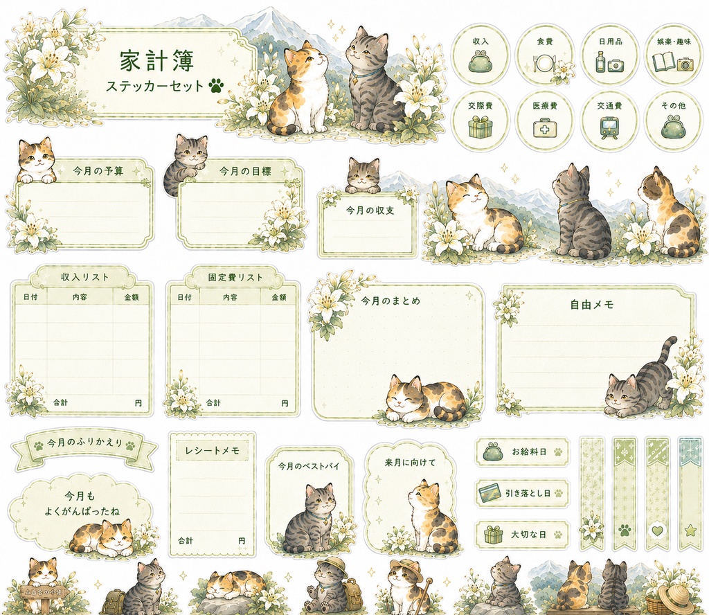 🌿 山百合と猫の家計簿デジタルステッカーセット 🐈