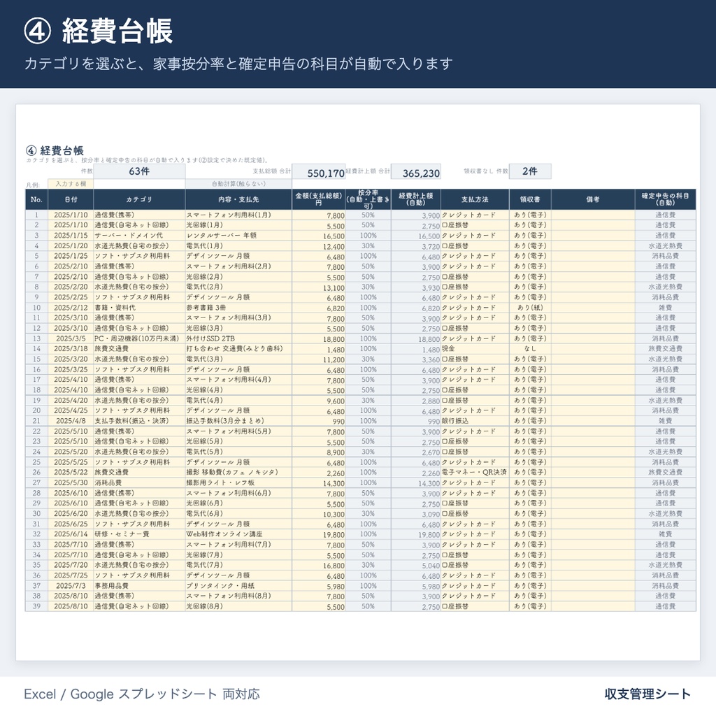 【20万円ライン自動判定】副業・個人事業主の収支管理シート|確定申告(白色)の数字まで Excel・Googleスプレッドシートで完結