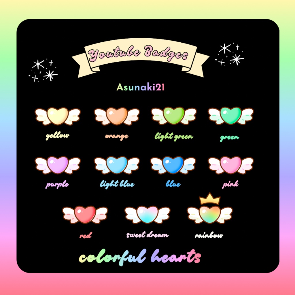 【サブスクバッジ】twitch・youtube 【ColorfullHearts】かわいい11種類♡のハートたち