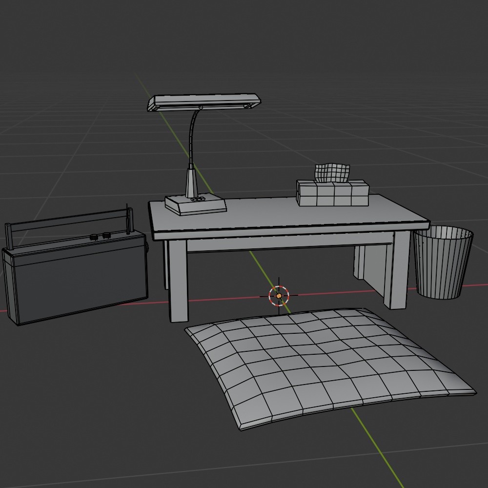 【昭和レトロ】机セット(机/スタンドライト/ラジカセ/座布団/ティッシュ/ゴミ箱)FBX6点セット