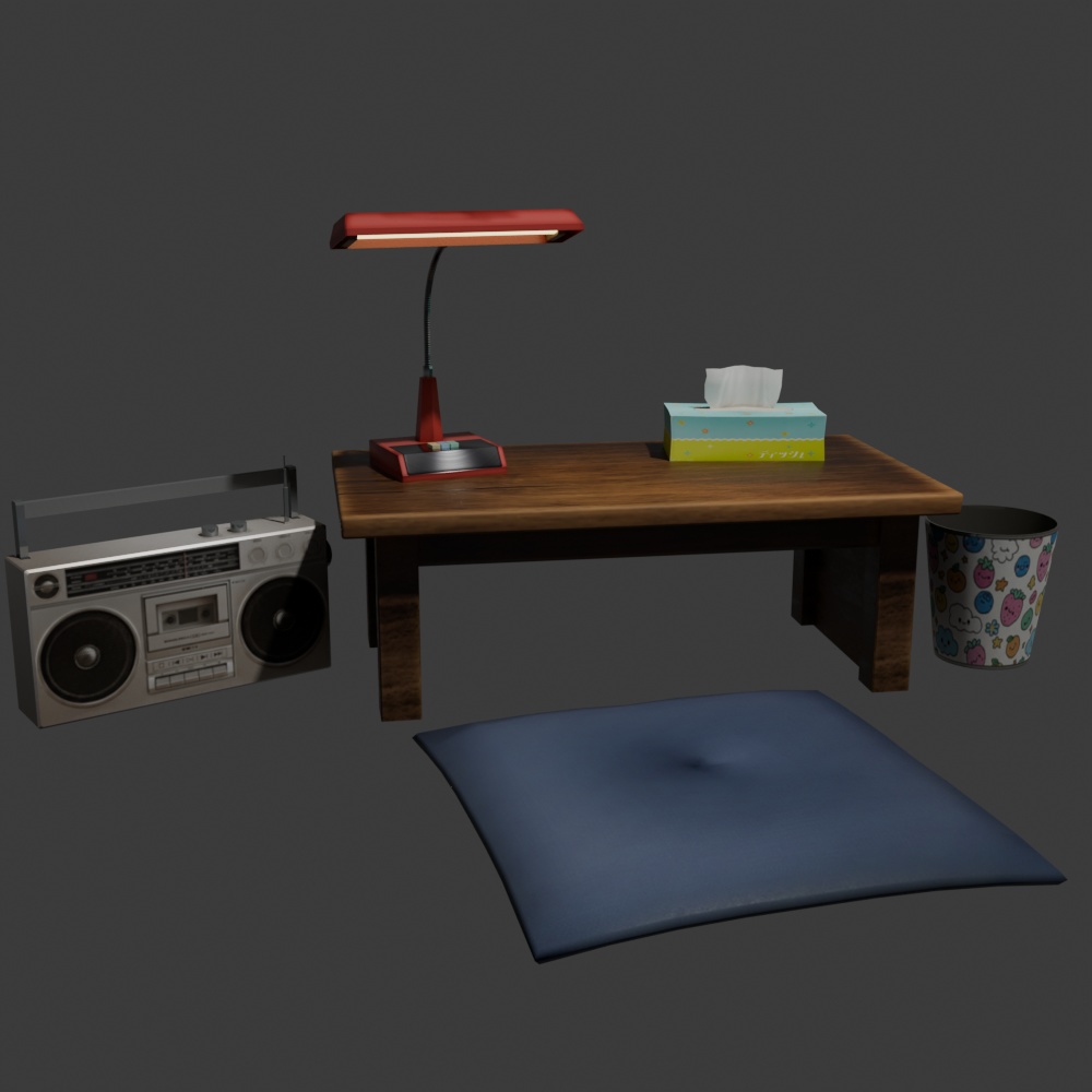 【昭和レトロ】机セット（机/スタンドライト/ラジカセ/座布団/ティッシュ/ゴミ箱）FBX6点セット