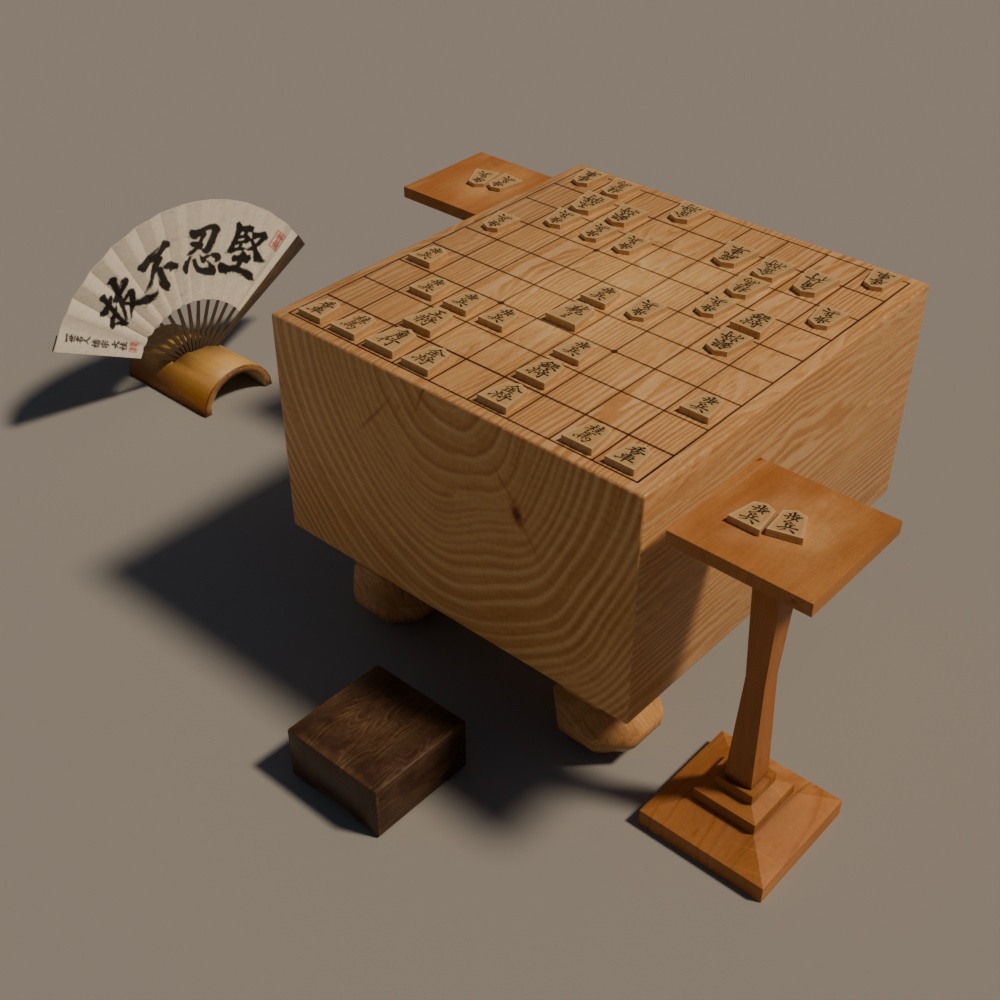 【昭和レトロ】将棋と扇子セット(FBX、Blender)