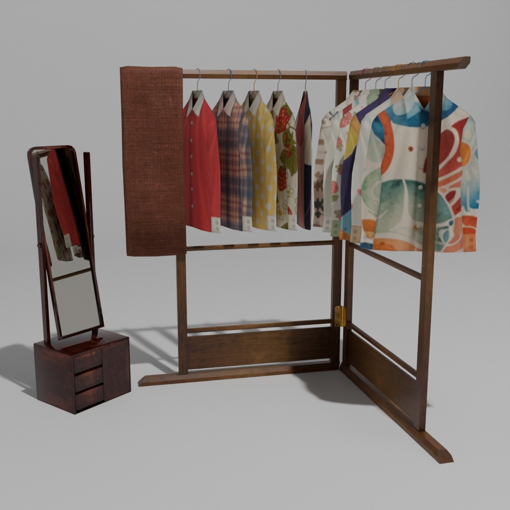 【昭和レトロ】鏡台・衣装かけ・レトロシャツセット(FBX / Blender)