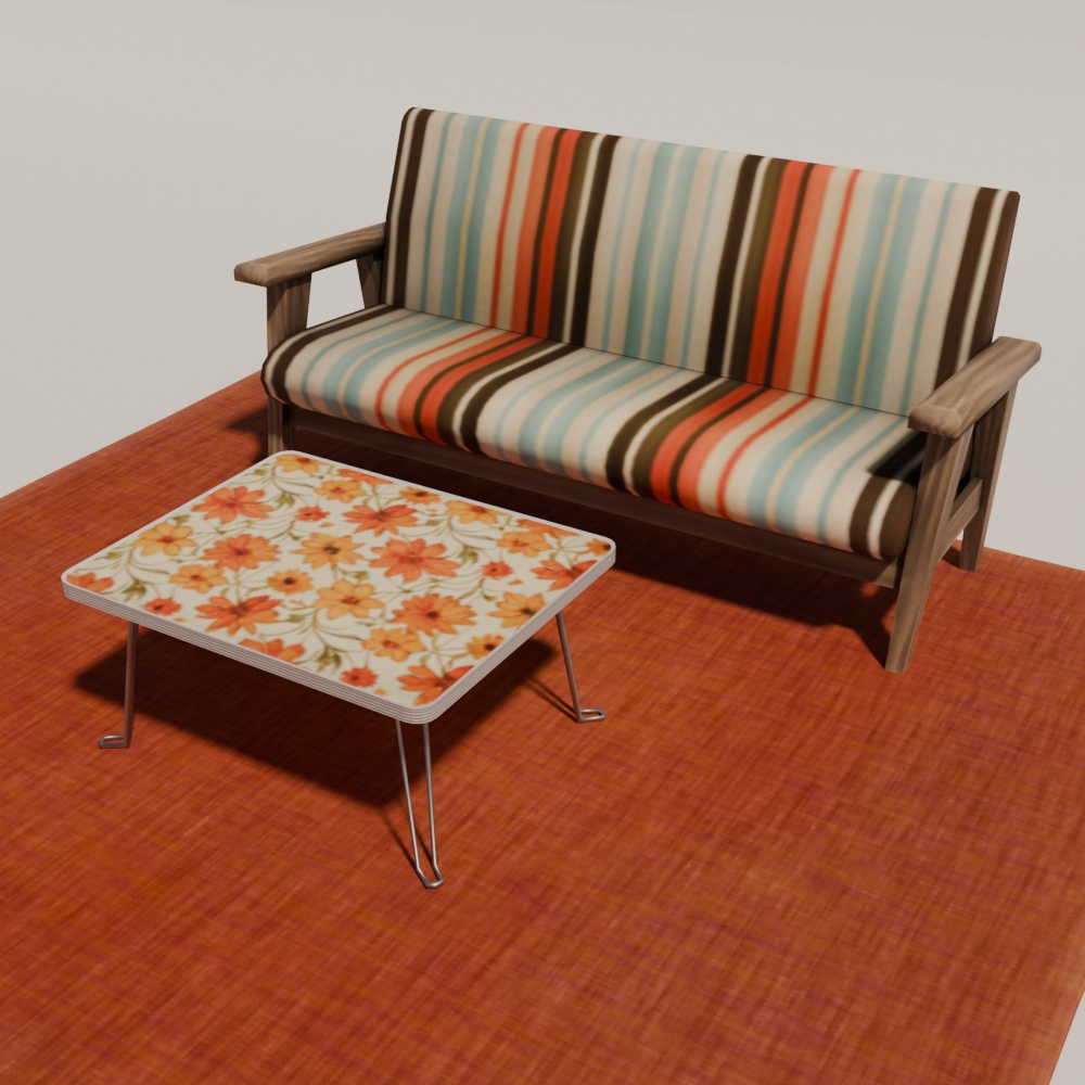 【昭和レトロ】ソファ・テーブル・ラグマットセット(FBX / Blender)