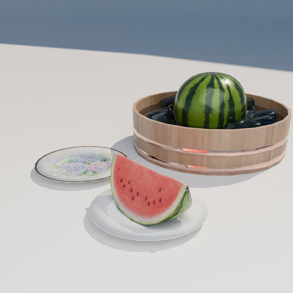 【昭和レトロ】大玉スイカ・桶・カットスイカのセット(FBX / Blender)