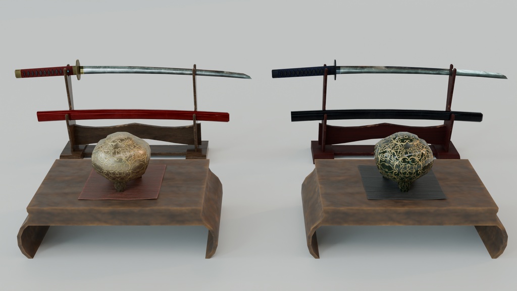 【昭和レトロ】日本刀と香炉の和風インテリア小物セット(FBX / Blender)