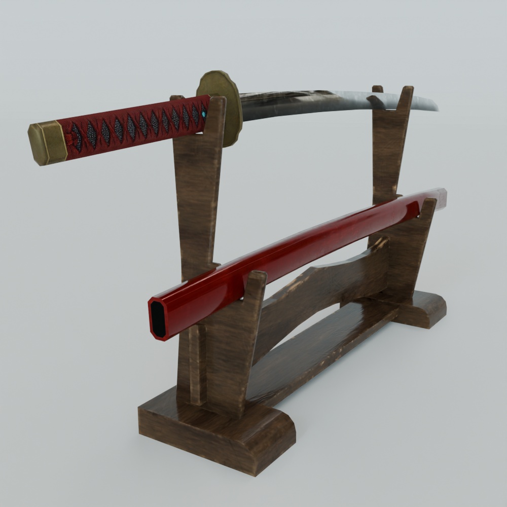 【昭和レトロ】日本刀と香炉の和風インテリア小物セット(FBX / Blender)