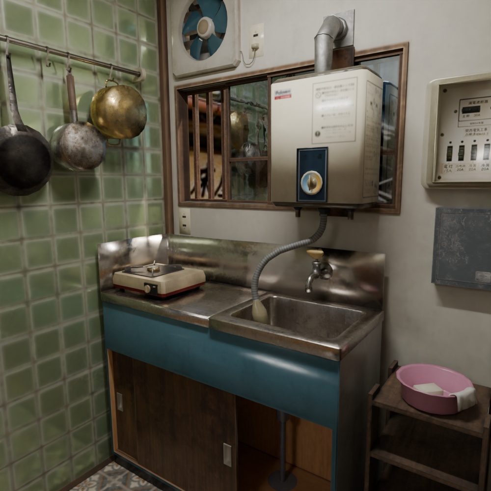 【昭和レトロ】アパート3畳間と小さな台所(FBX / Blender)