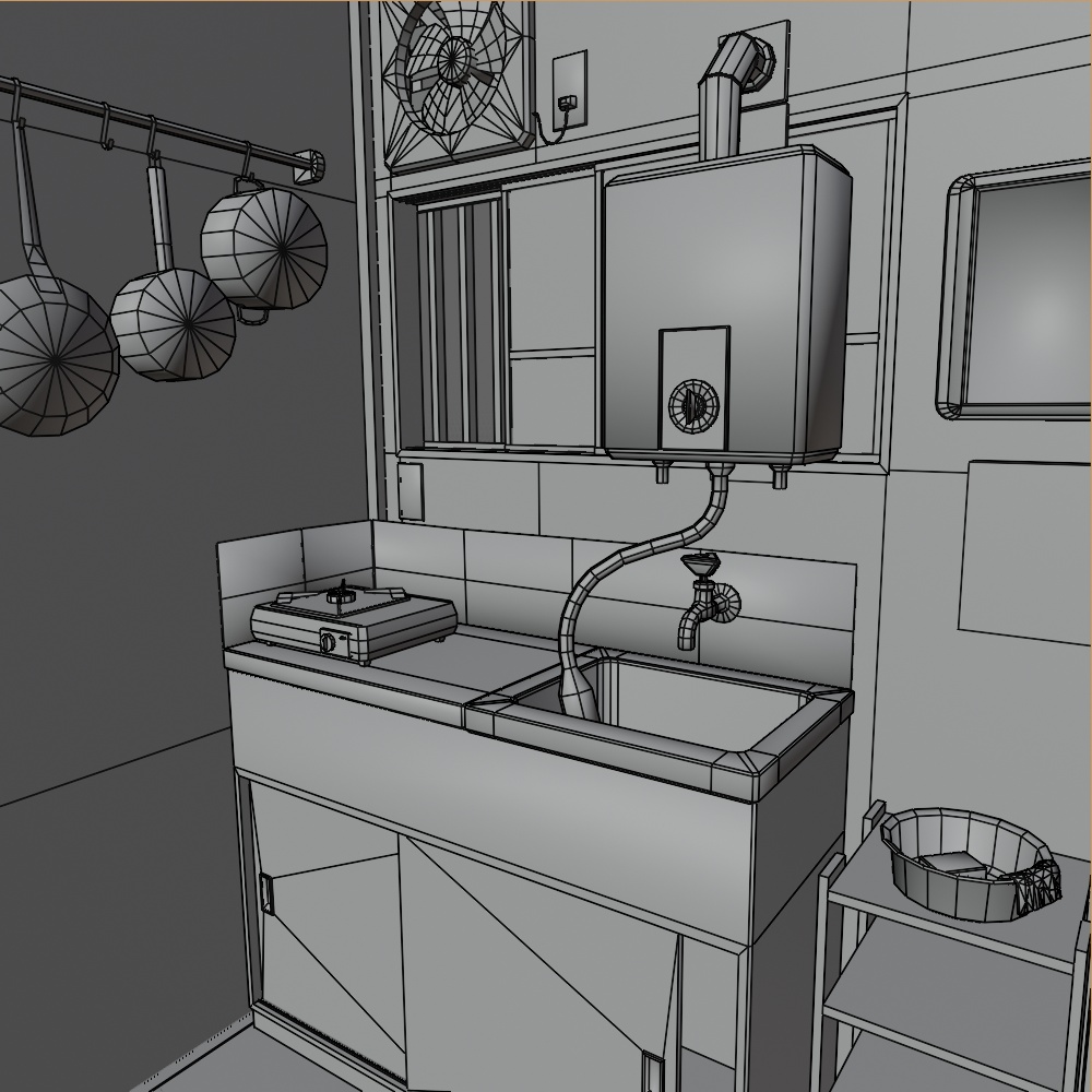 【昭和レトロ】アパート3畳間と小さな台所(FBX / Blender)