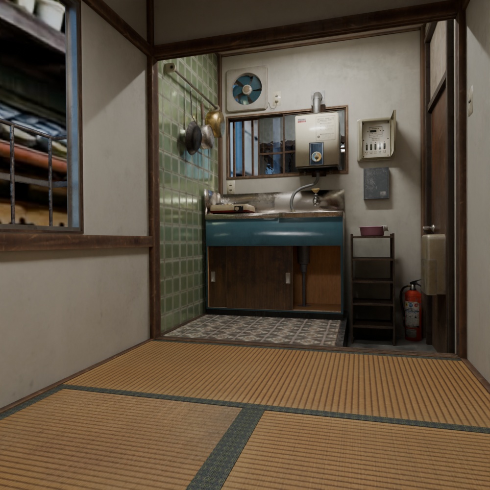 【昭和レトロ】アパート3畳間と小さな台所(FBX / Blender)