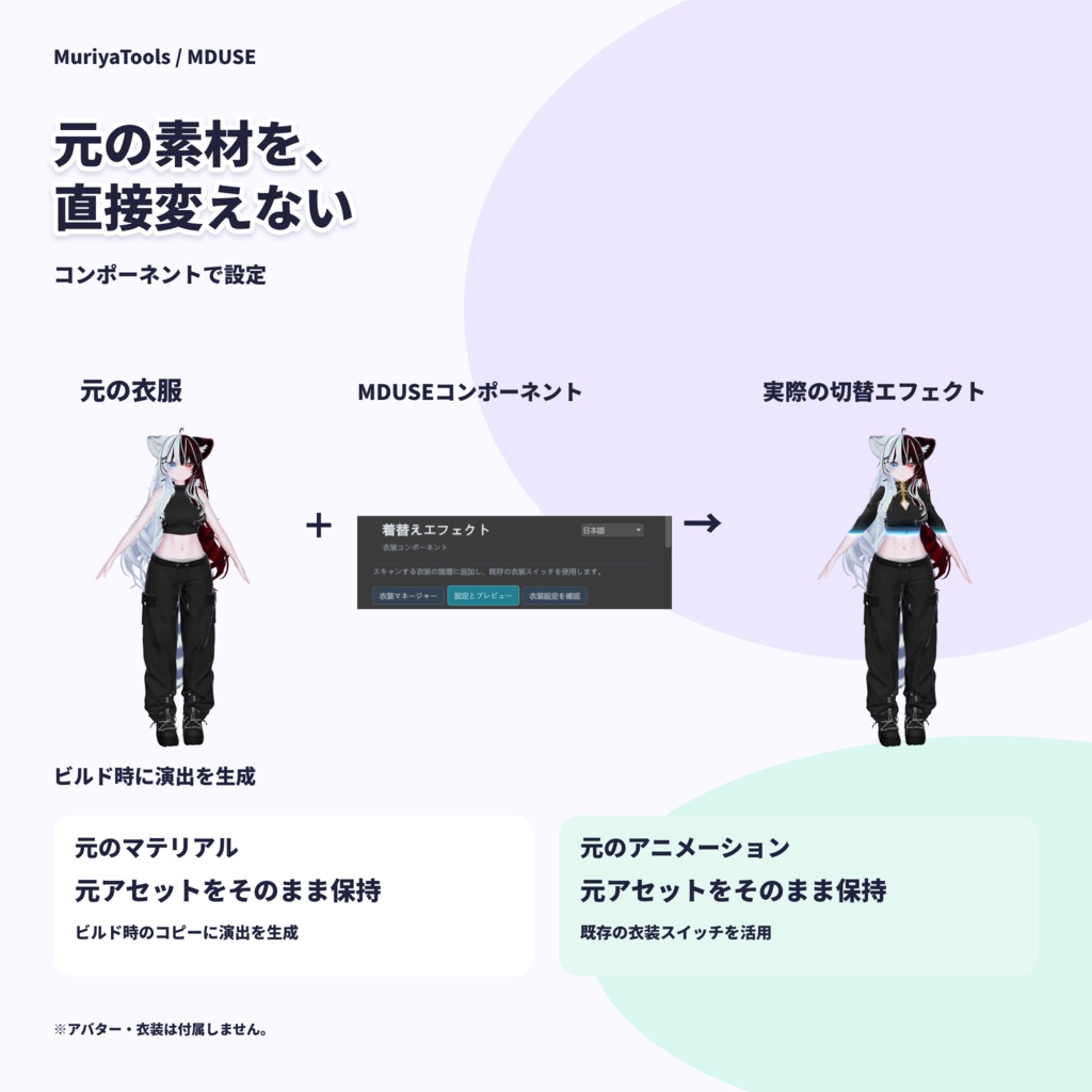 【VRChat / MA】MDUSE|非破壊・かんたん導入の着替えエフェクト