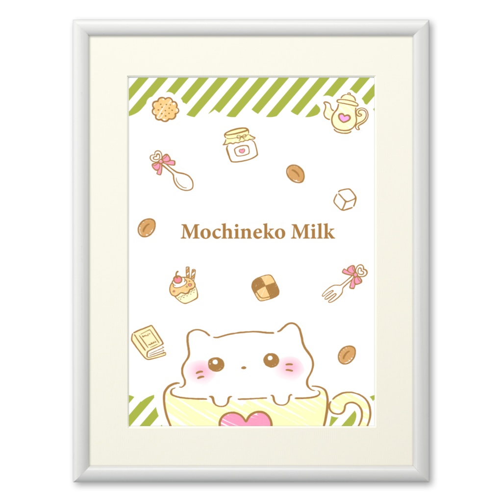もちねこのミルク 複製画(プリモアート)額縁ホワイト