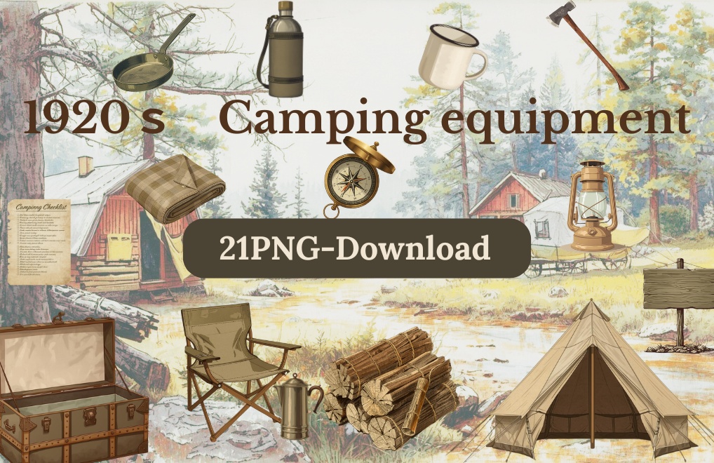 １９2０年代風、ヴィンテージキャンプ用品　クリップアート２１点
