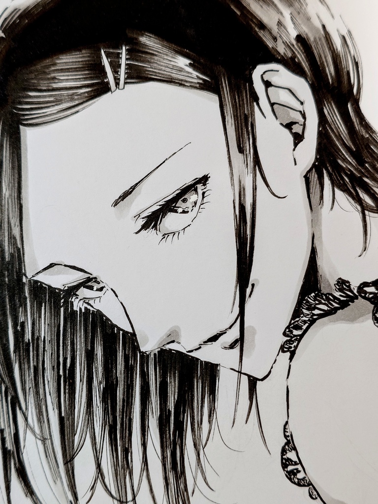 オリジナルイラスト 手描き 振り返りおねえさん アナログ ペン画