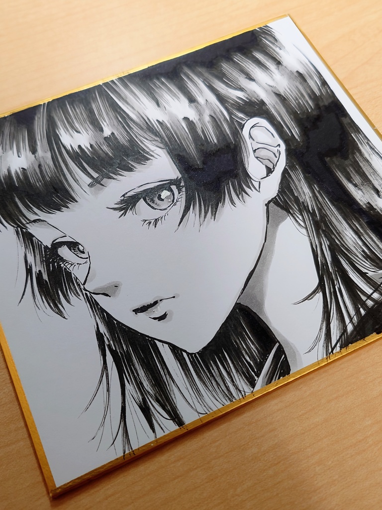 オリジナルイラスト 黒髪ロングの女の子 手描き アナログ ペン画