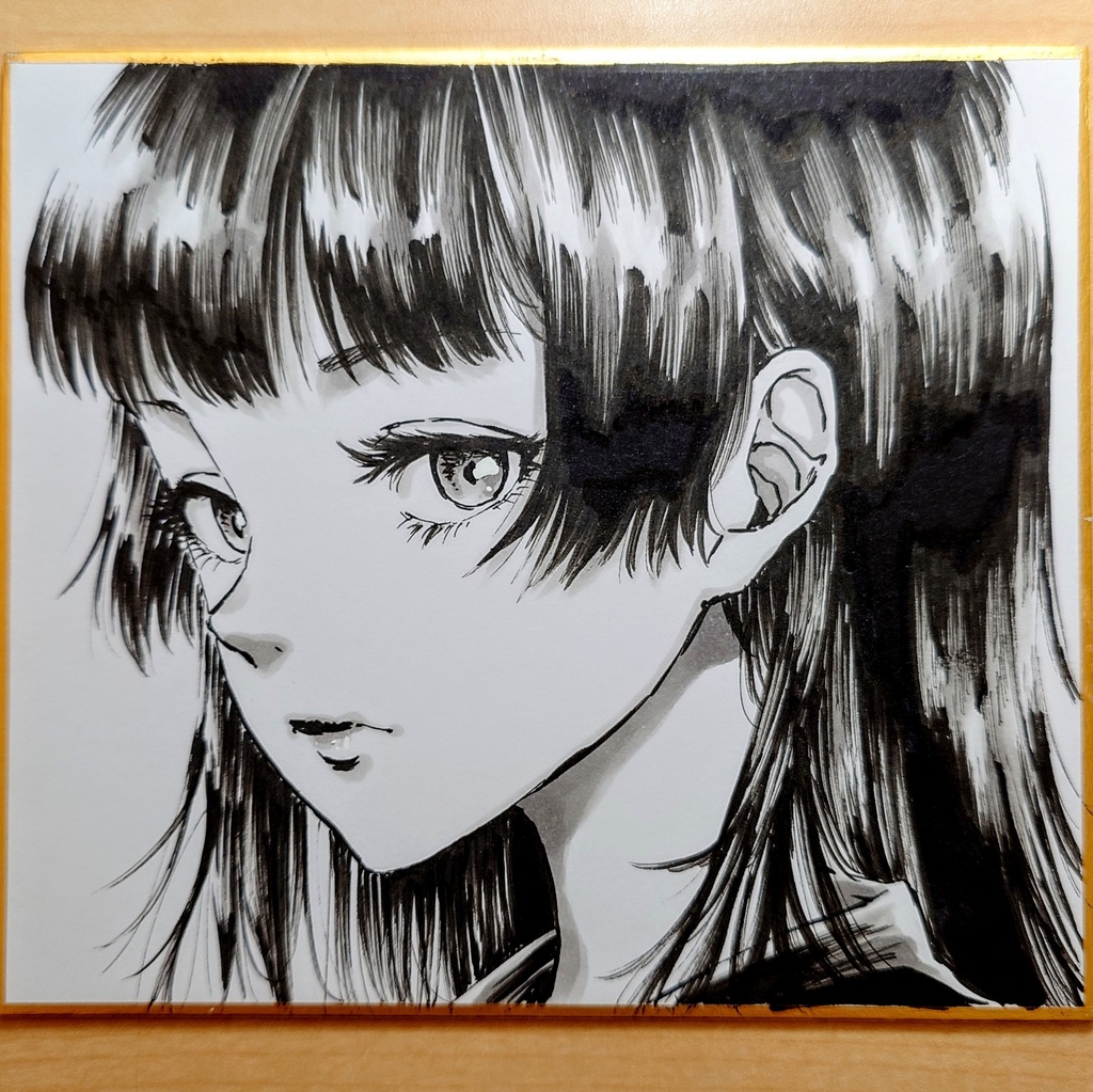 オリジナルイラスト 黒髪ロングの女の子 手描き アナログ ペン画