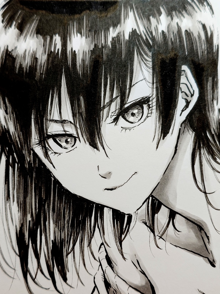 オリジナルイラスト 覗き込み女の子 手描き アナログ ペン画