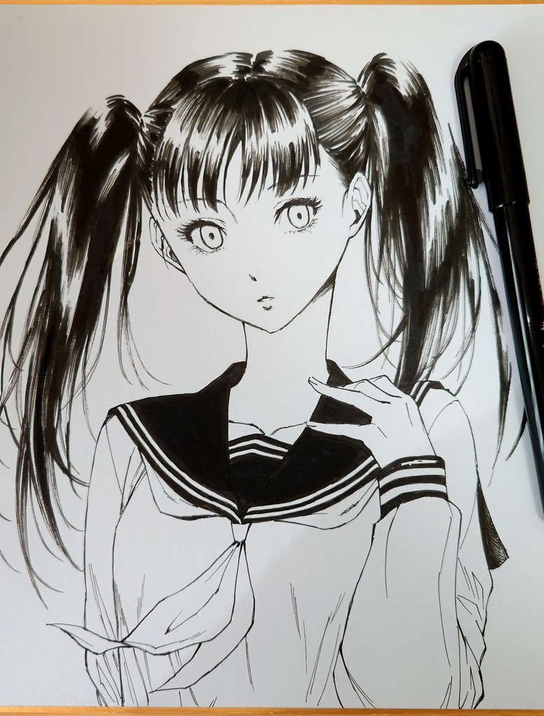 オリジナルイラスト ツインテの女の子 アナログ 手描き