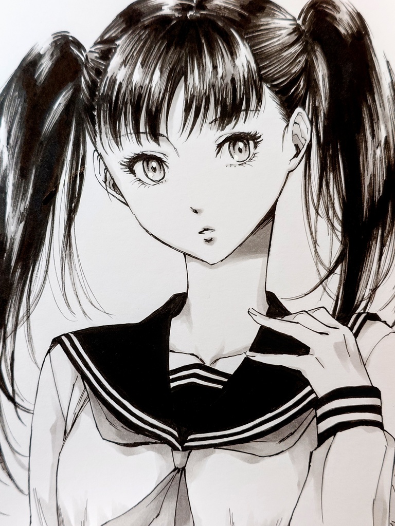 オリジナルイラスト ツインテの女の子 アナログ 手描き