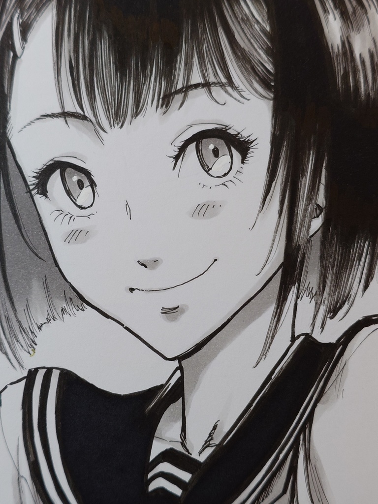 オリジナルイラスト　照れ女の子　アナログ　手描き