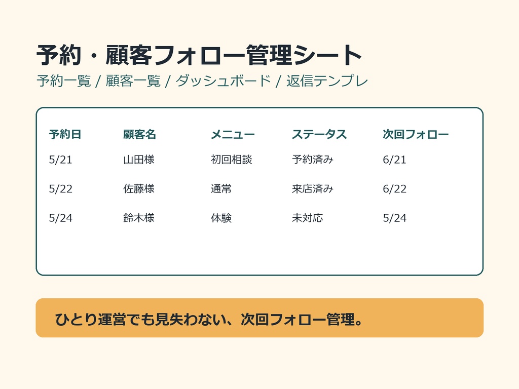 小規模店舗向け 予約・顧客フォロー管理シート
