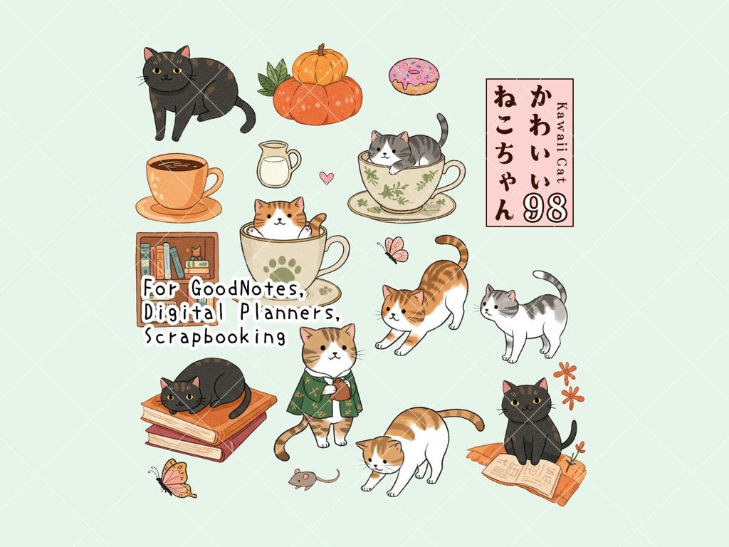 かわいいねこちゃん　イラスト素材、デジタルステッカー