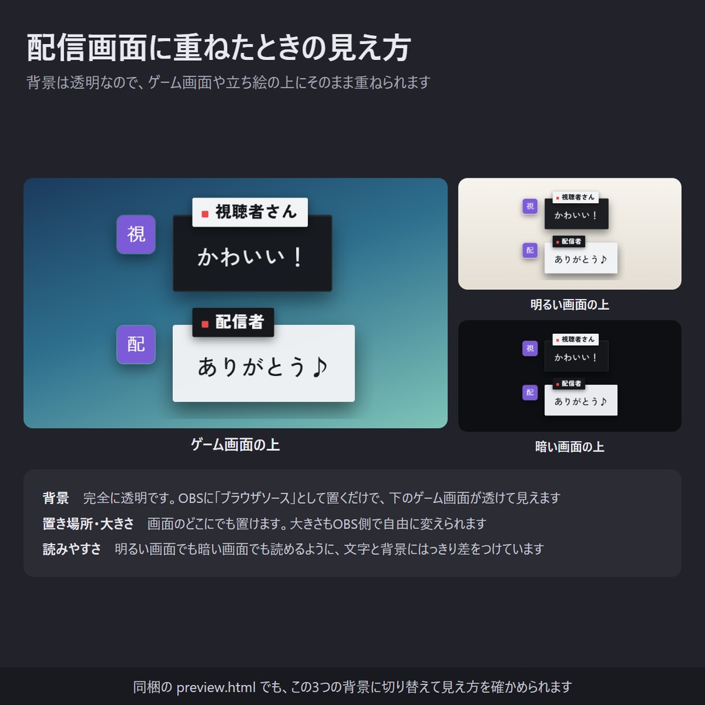 【無料】ダークで見やすいコメント欄 縦横対応「Sleek Dark」【わんコメテンプレート/コメントCSS/OBS】