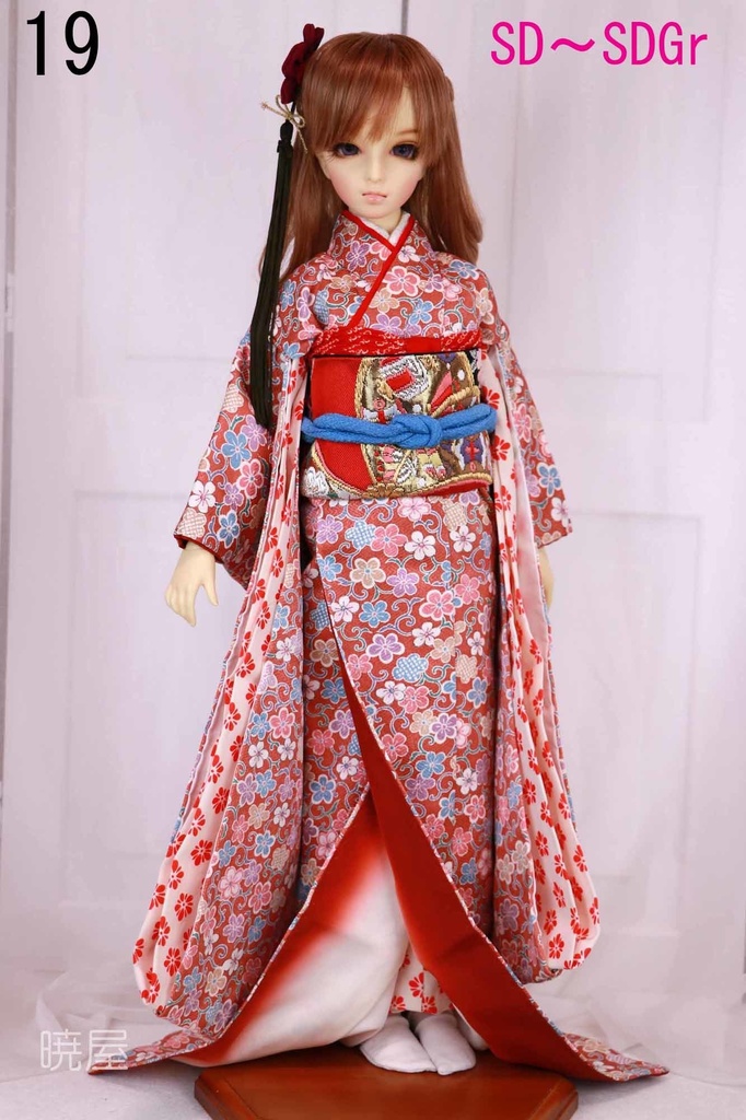 ⑲赤茶地小花柄お着物セット　SD～SDGrサイズ